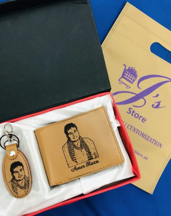 Name & Picture Engraved Leather Wallet & Keychain Gift Set in camel. The wallet and keychain are made of high-quality leather and are personalized with the recipient's name and a customized picture.