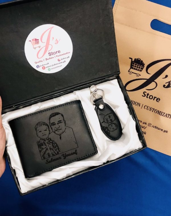 The product image shows a "Name & Picture Engraved Leather Wallet & Keychain Gift Set" in black. The wallet and keychain are made of high-quality leather and are personalized with the recipient's name and a customized picture.