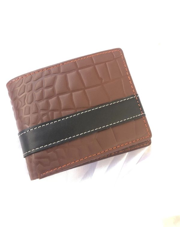 Brown leather crocodile style wallet with golden customized name engraving.