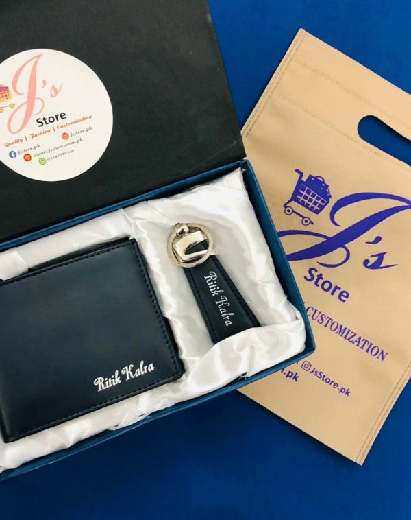 Customized Leather Blue Wallet & Keychain Set with Silver Name Engraving