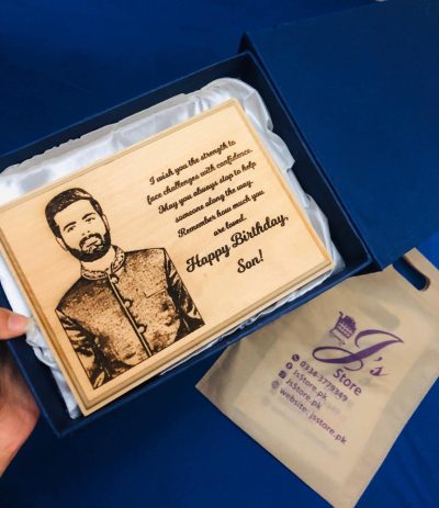 Customized Engraved Wooden Frame is 6 * 8 wooden plague. It has customized Picture and Text Engraving on it.
