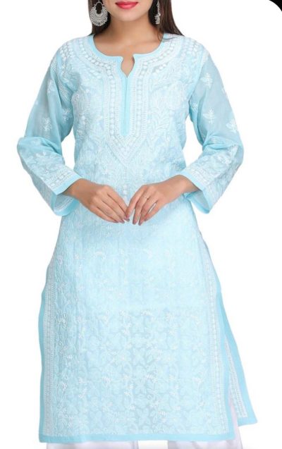 Lucknowii Chickankari Kurta Sea Green