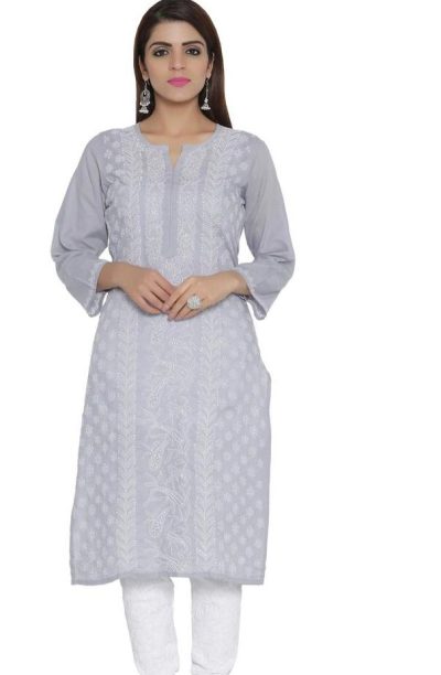 Lucknowii Chickankari Kurta Light Grey