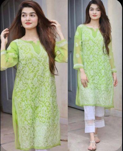 Lucknowii Chickankari Kurta Olive Green