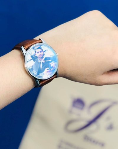 Camel strap Picture Watch with customized picture dial, J's Store brand bag in the blue background.
