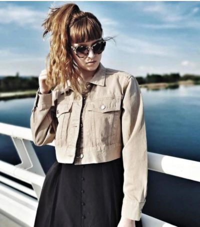 Denim Cropped Trucker Jacket In Beige Color.