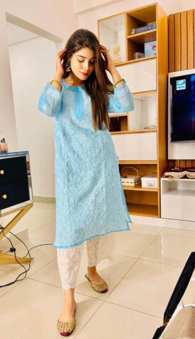 Lucknowi Chikankari Kurta Chiffon Sky Blue
