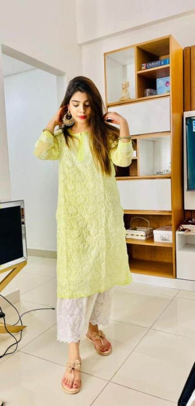 Lucknowi Chikankari Kurta Chiffon Lime Green