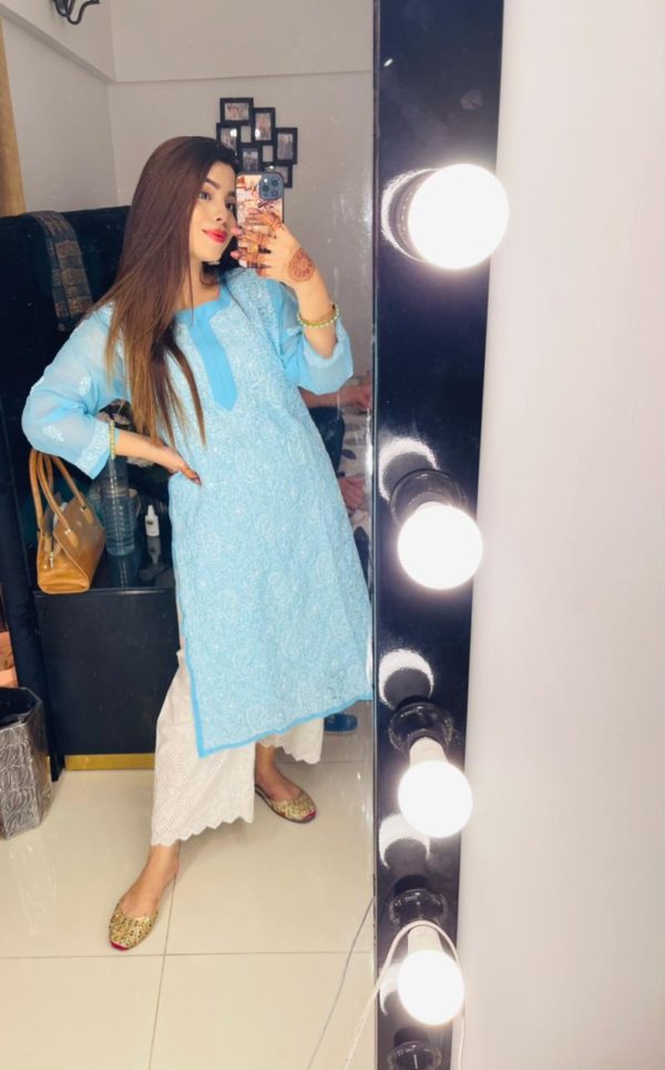 Lucknowi Chikankari Kurta Chiffon Sky Blue