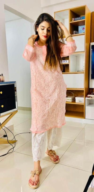 Lucknowi Chikankari Kurta Chiffon Peach
