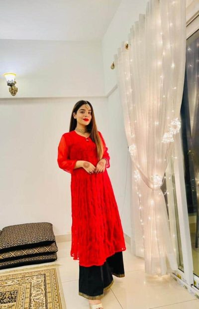 Lucknowi Chikankari Kalidaar Crimson
