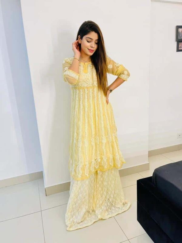 Lucknowi Chikankari Kalidaar Yellow
