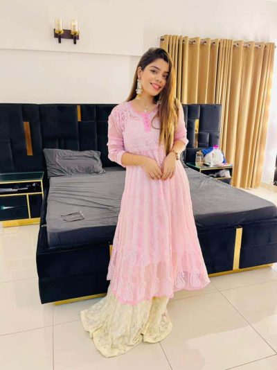 Sahar blushing away in our Lucknowi Chikankari Kalidaar Light Pink