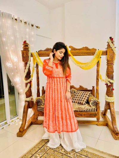 Pretty girl Sahar spotted here wearing our Lucknowi Chikankari Kalidaar Orange