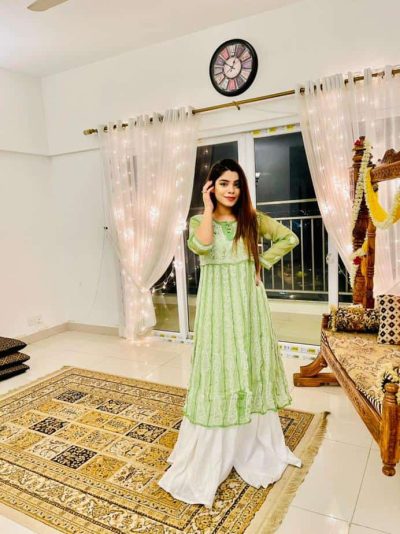 Sahar looking like a breath of fresh airLucknowi Chikankari Kalidaar Green