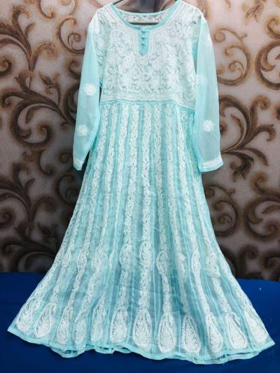 Lucknowi Chikankari Kalidaar Ice Blue