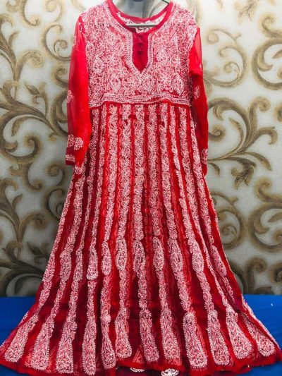 Lucknowi Chikankari Kalidaar Red is a classic Kaliddar frock which will make you look like a queen.