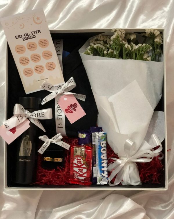 Eid Gift-Boxes for Men - Platinum: Casual Shirt, Kit Kats, Bounty, Snickers, Dairy Milk, Rolex Bracelet, Bouquet, Customized Temperature Bottle. Premium gift box dimensions 16 * 16 * 5 on white silk background.