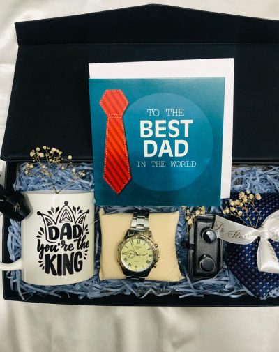 Father's Day Gift Set featuring Marble Cufflinks, Printed Tie, Personalized Mug, Wristwatch, and Best Dad Card in a Black Gift Box.