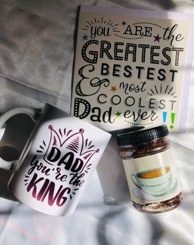 Alt Text: "Father's Day Mug and Coffee Deal: Customized Mug with 'Dad You Are The King' Text and Coffee Jar