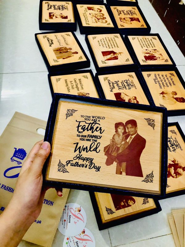 Father's Day Wooden Frame with a customized message and picture of your choice engraved on it.
