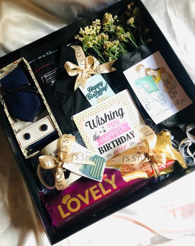Premium All Things Classy Gift Box with ZARA Black Casual Shirt, Customized Mug, Sandwich Biscuit, Baby's Breath Bouquet, Burberry-Inspired Tie Set, and Marks and Spencer Birthday Greeting Card.