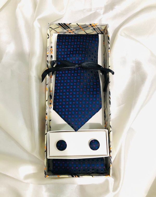 Navy Blue Printed Tie, Cufflinks, and Pocket Square Set in Burberry-Inspired Box