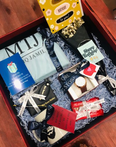 Fit For A King Gift Box: MTJ Unstitched Shalwar Kameez Suit, Tissot Chronograph Watch, Customized Name Engraved Leather Wallet, Keychain, and Metal Pen, Baby's Breath Bouquet, Pair of KitKat Bars