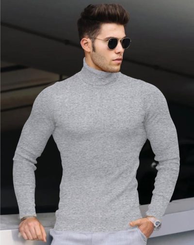 Grey Ribbed Turtleneck with striped lines on it