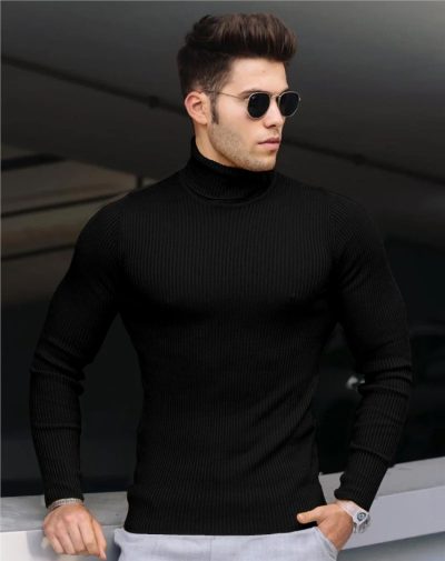 Black Ribbed Turtleneck with striped lines on it