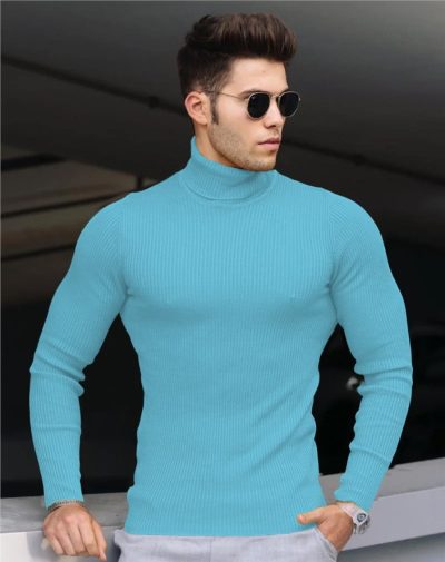 Cool Blue Ribbed Turtleneck with striped lines on it
