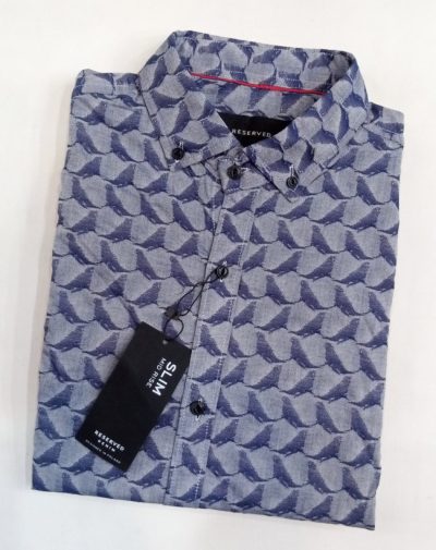 Bird print on grey button-down shirt