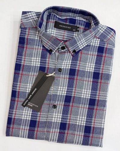 RD red boxes on a two-tone check shirt