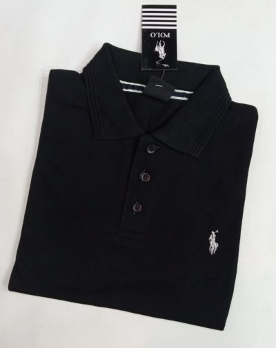 Solid Black Polo Shirt with loose collars and only three buttons and have a placket neckline.