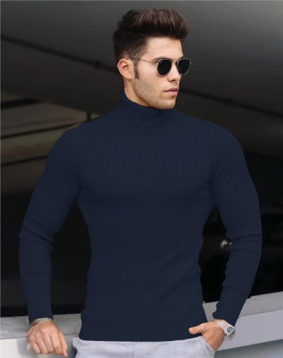Indigo Ribbed Turtleneck with striped lines on it