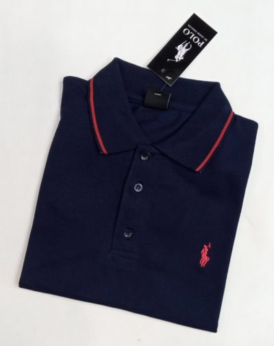 Solid Navy Blue Polo Shirt with loose collars and only three buttons and have a placket neckline.