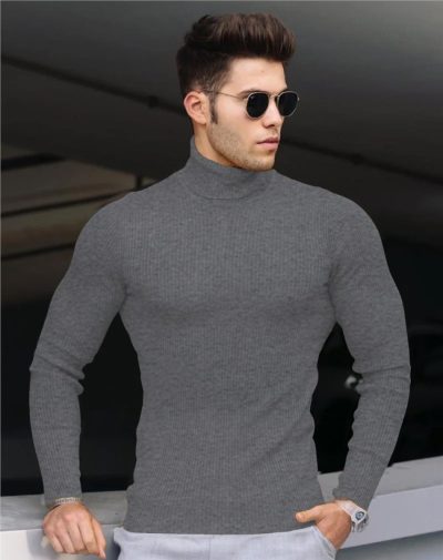 Charcoal Grey Ribbed Turtleneck with striped lines on it