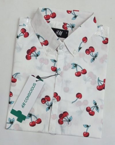 HM cherry print on a white button-down shirt