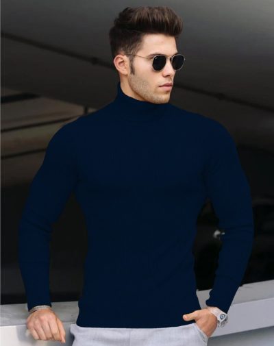 Navy Blue Ribbed Turtleneck with striped lines on it