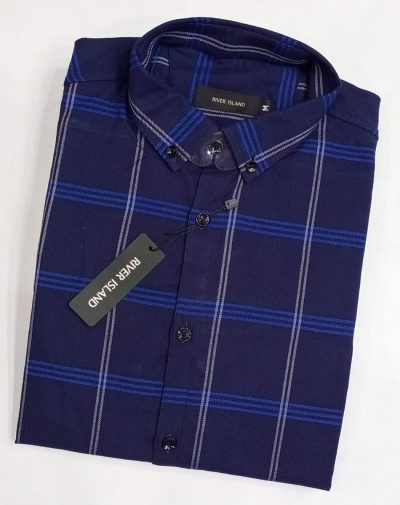 RD Island Casual Shirt with Three parallel lines of light blue color on a navy blue button-down shirt.