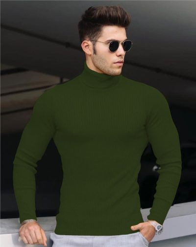 Dark Green Ribbed Turtleneck with striped lines on it
