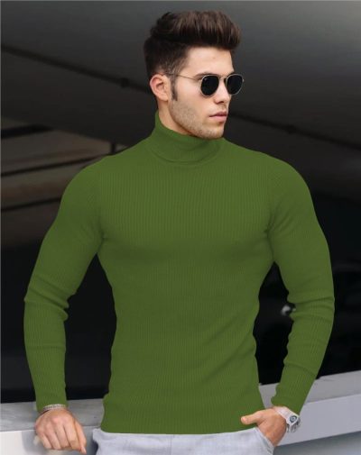 Grass Green Ribbed Turtleneck with striped lines on it