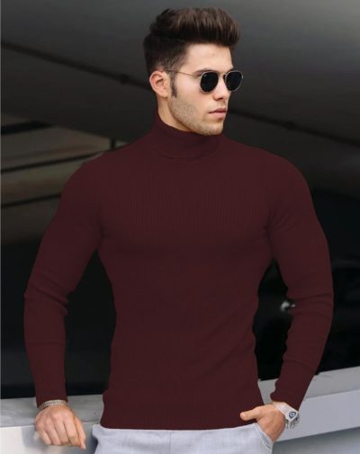 Maroon Ribbed Turtleneck with striped lines on it