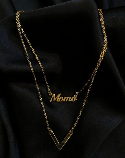 Single Name Double Chain Gold-Plated Necklace on a black background.