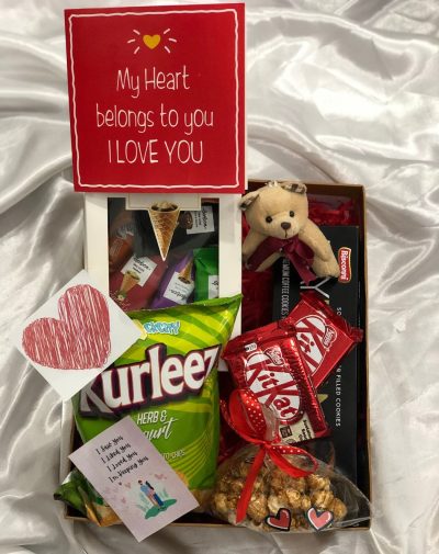 Anniversary Day Munch Box - Front View: Personalized gift box filled with snacks and treats