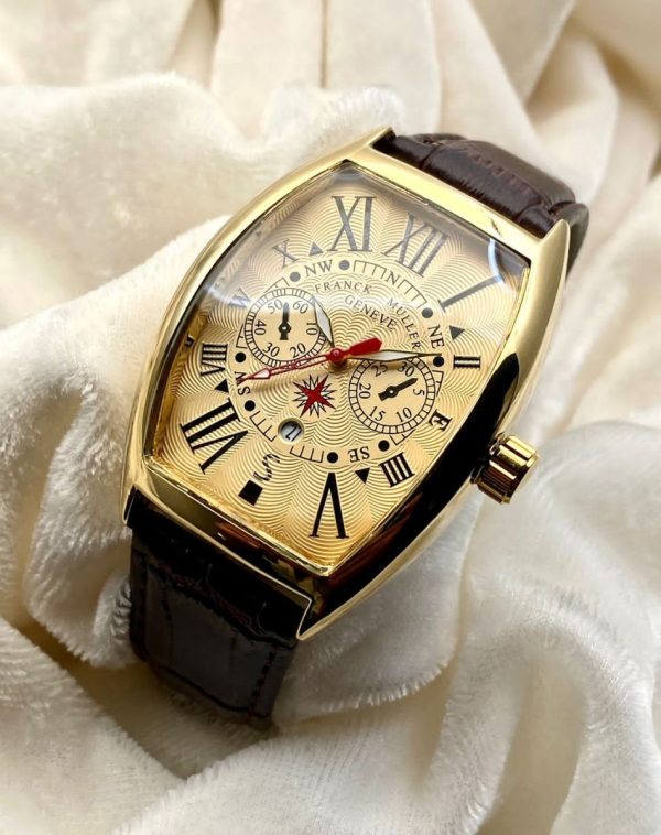 Frank Muller - Geneve Watch with Brown Strap, Golden Rectangle Dial, and Multiple Inner Dials