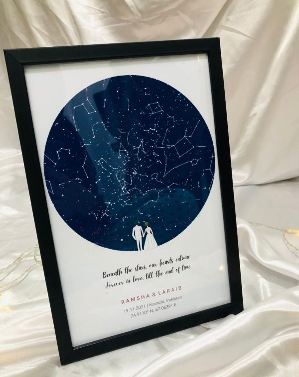 A Star Map Frame with an A4 size frame showcasing the night sky on a special date. The map displays precise coordinates of a chosen location and time, making it a personalized and timeless keepsake. The frame is stylish, made with high-quality materials, and comes with a key to identify various astronomical objects. The perfect Valentine's Day gift to capture the magic of the night sky in a unique and meaningful way.