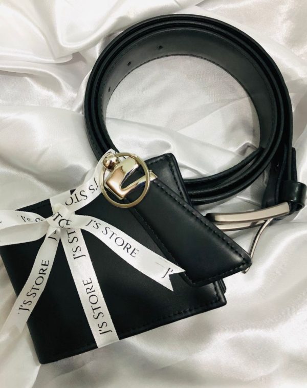 Black Leather Accessories Set - Wallet, Keychain, and Belt.