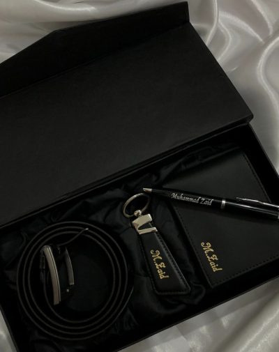Customized Wallet Keychain Pen and Belt Set with Golden Name Engraving