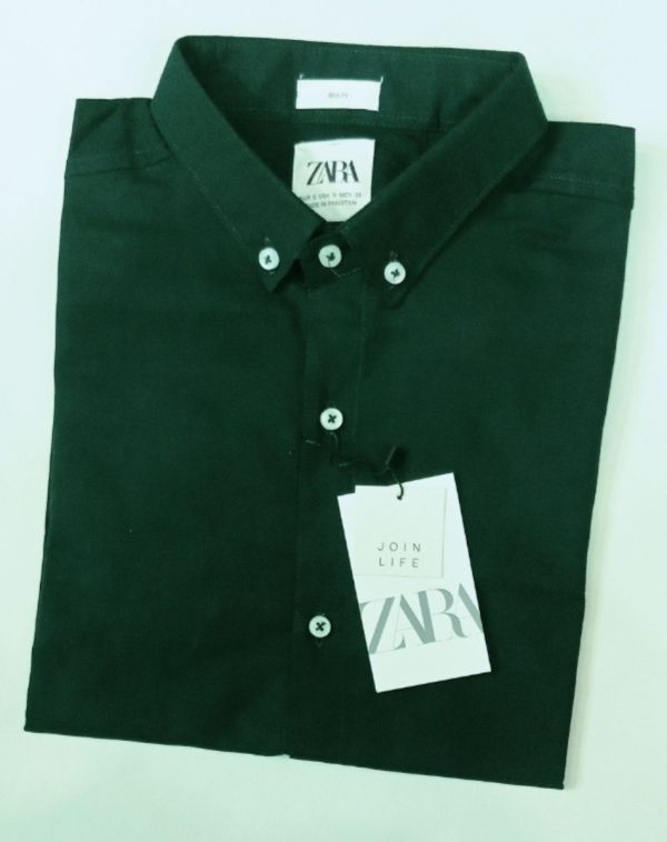 Dark Green Plain ZARA Casual Shirt on White Background